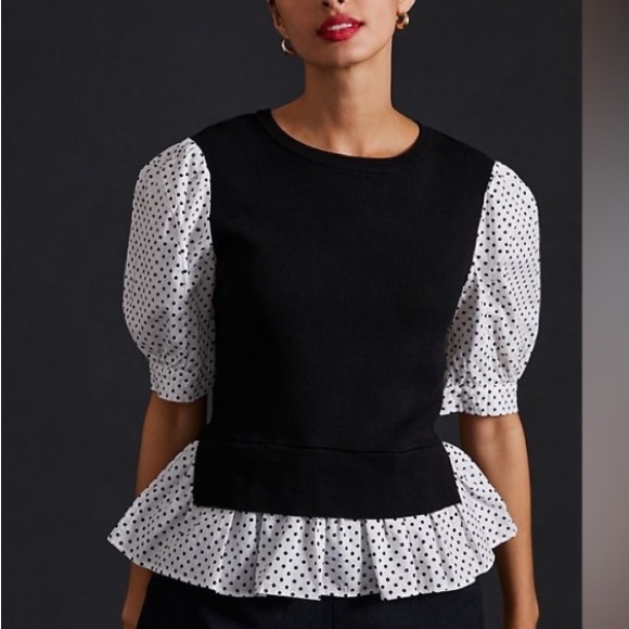 Anthropologie Sweaters - By Anthropologie Layered Poplin-Sleeve Polka Dot Mixed Media Sweater Top